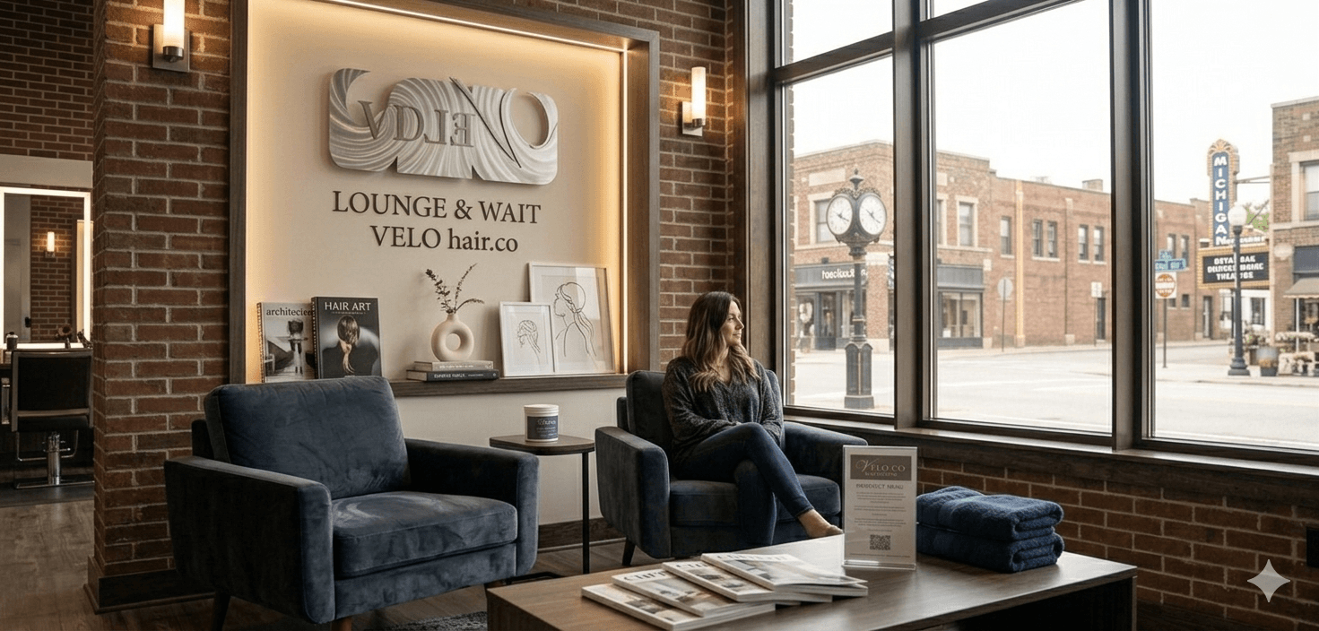 The Velo Co. lounge — curated interior space for clients before their appointment